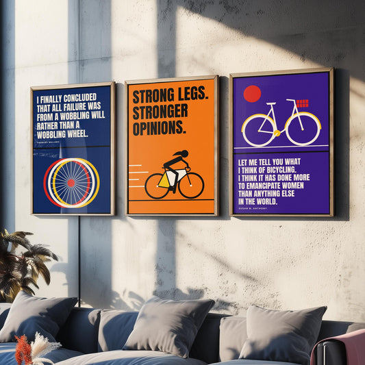 Cycling Feminism Quotes Set of Three Art Prints - 3 Retro Bauhaus Women Cyclists Posters - Minimalist Feminist Wall Art Illustration V2