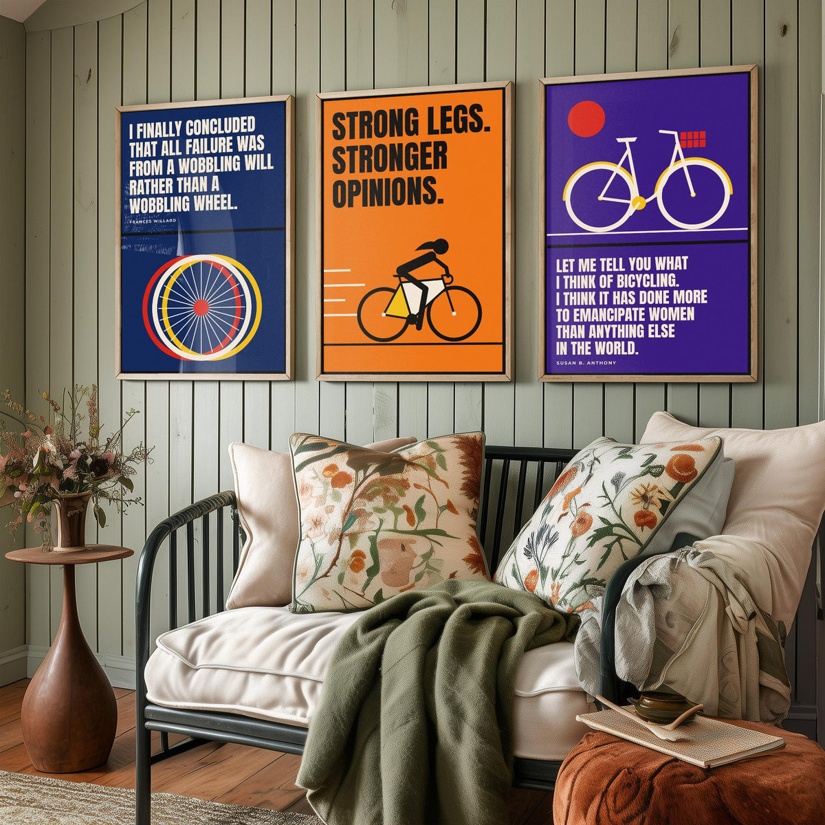 Cycling Feminism Quotes Set of Three Art Prints - 3 Retro Bauhaus Women Cyclists Posters - Minimalist Feminist Wall Art Illustration V2