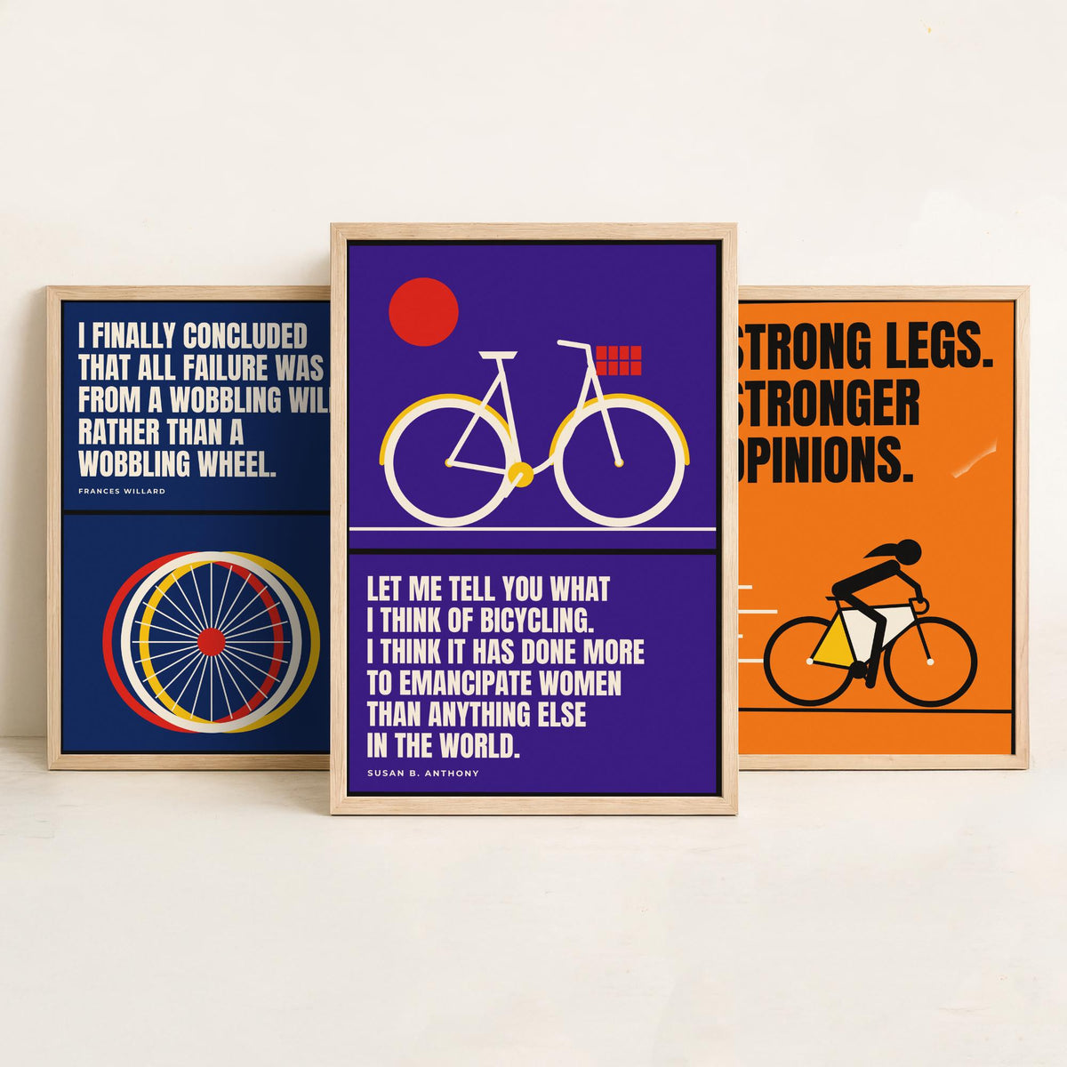 Cycling Feminism Quotes Set of Three Art Prints - 3 Retro Bauhaus Women Cyclists Posters - Minimalist Feminist Wall Art Illustration V2