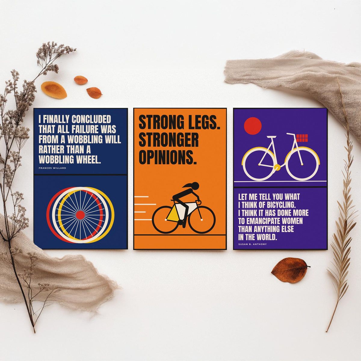 Cycling Feminism Quotes Set of Three Art Prints - 3 Retro Bauhaus Women Cyclists Posters - Minimalist Feminist Wall Art Illustration V2