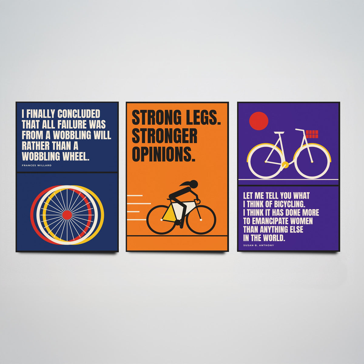 Cycling Feminism Quotes Set of Three Art Prints - 3 Retro Bauhaus Women Cyclists Posters - Minimalist Feminist Wall Art Illustration V2