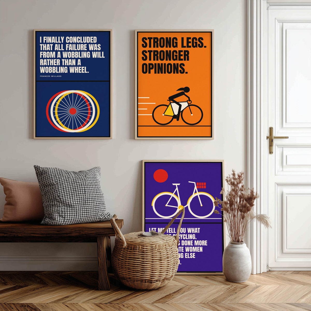 Cycling Feminism Quotes Set of Three Art Prints - 3 Retro Bauhaus Women Cyclists Posters - Minimalist Feminist Wall Art Illustration V2