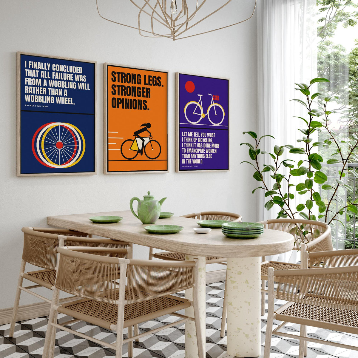 Cycling Feminism Quotes Set of Three Art Prints - 3 Retro Bauhaus Women Cyclists Posters - Minimalist Feminist Wall Art Illustration V2
