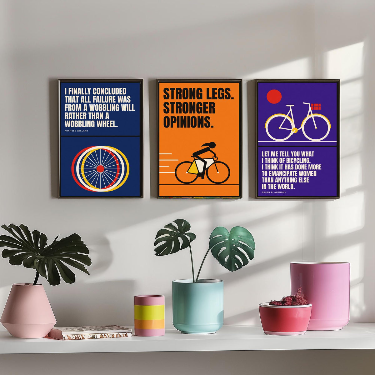 Cycling Feminism Quotes Set of Three Art Prints - 3 Retro Bauhaus Women Cyclists Posters - Minimalist Feminist Wall Art Illustration V2