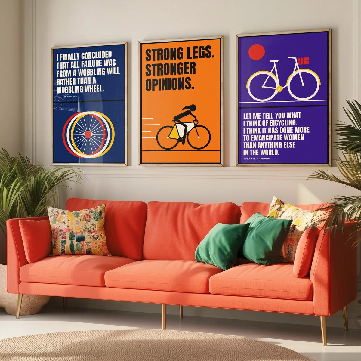 Cycling Feminism Quotes Set of Three Art Prints - 3 Retro Bauhaus Women Cyclists Posters - Minimalist Feminist Wall Art Illustration V2
