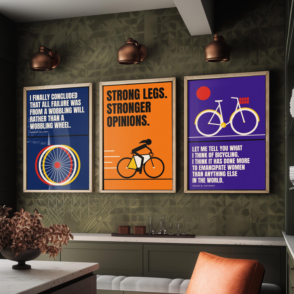 Cycling Feminism Quotes Set of Three Art Prints - 3 Retro Bauhaus Women Cyclists Posters - Minimalist Feminist Wall Art Illustration V2