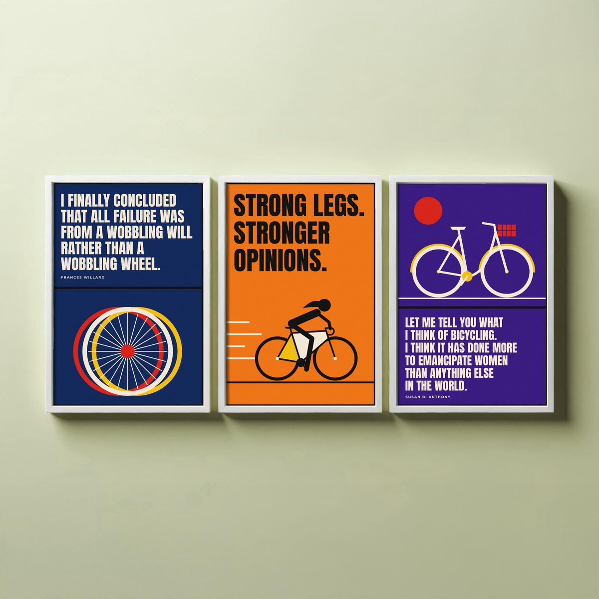 Cycling Feminism Quotes Set of Three Art Prints - 3 Retro Bauhaus Women Cyclists Posters - Minimalist Feminist Wall Art Illustration V2