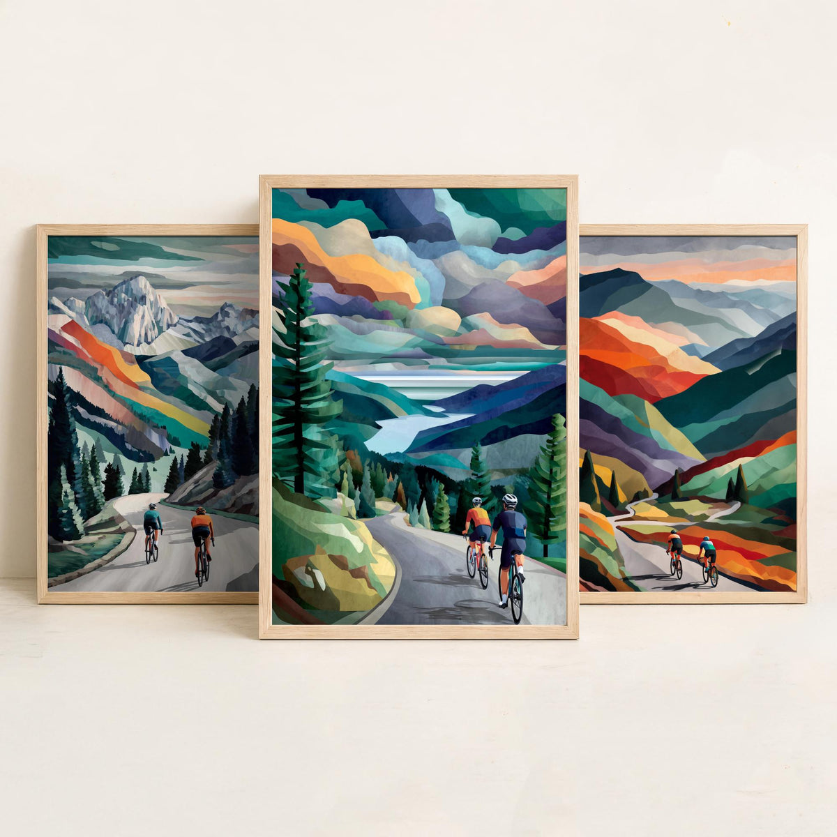 Cycling Set of Three Art Prints - 3 Mountain Road Cyclist Posters - Collage Landscape Wall Art Gift Cycling Painting V1