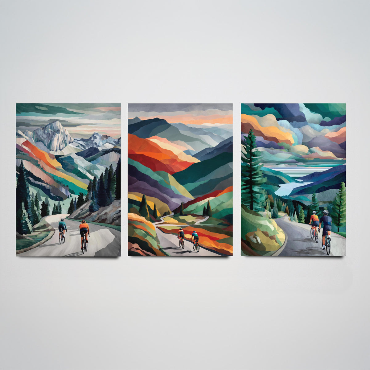 Cycling Set of Three Art Prints - 3 Mountain Road Cyclist Posters - Collage Landscape Wall Art Gift Cycling Painting V1