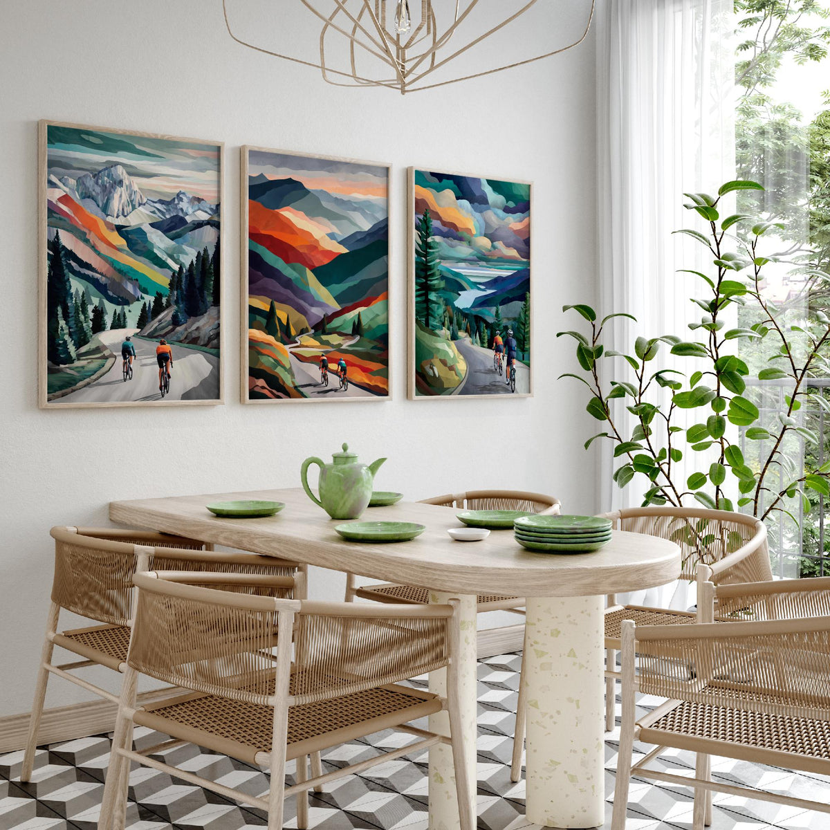 Cycling Set of Three Art Prints - 3 Mountain Road Cyclist Posters - Collage Landscape Wall Art Gift Cycling Painting V1