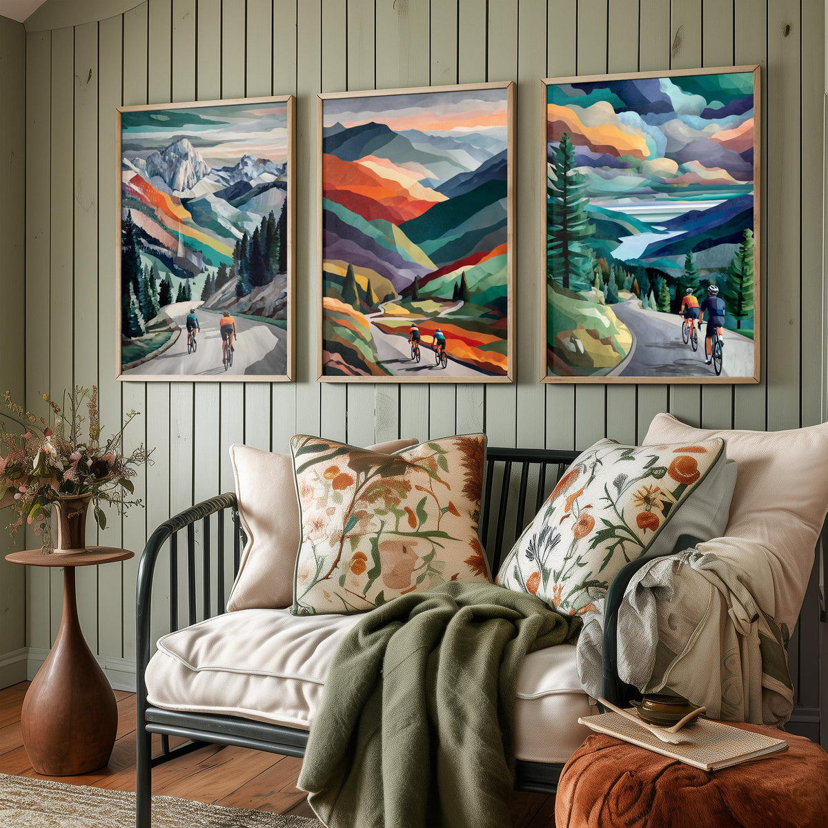 Cycling Set of Three Art Prints - 3 Mountain Road Cyclist Posters - Collage Landscape Wall Art Gift Cycling Painting V1