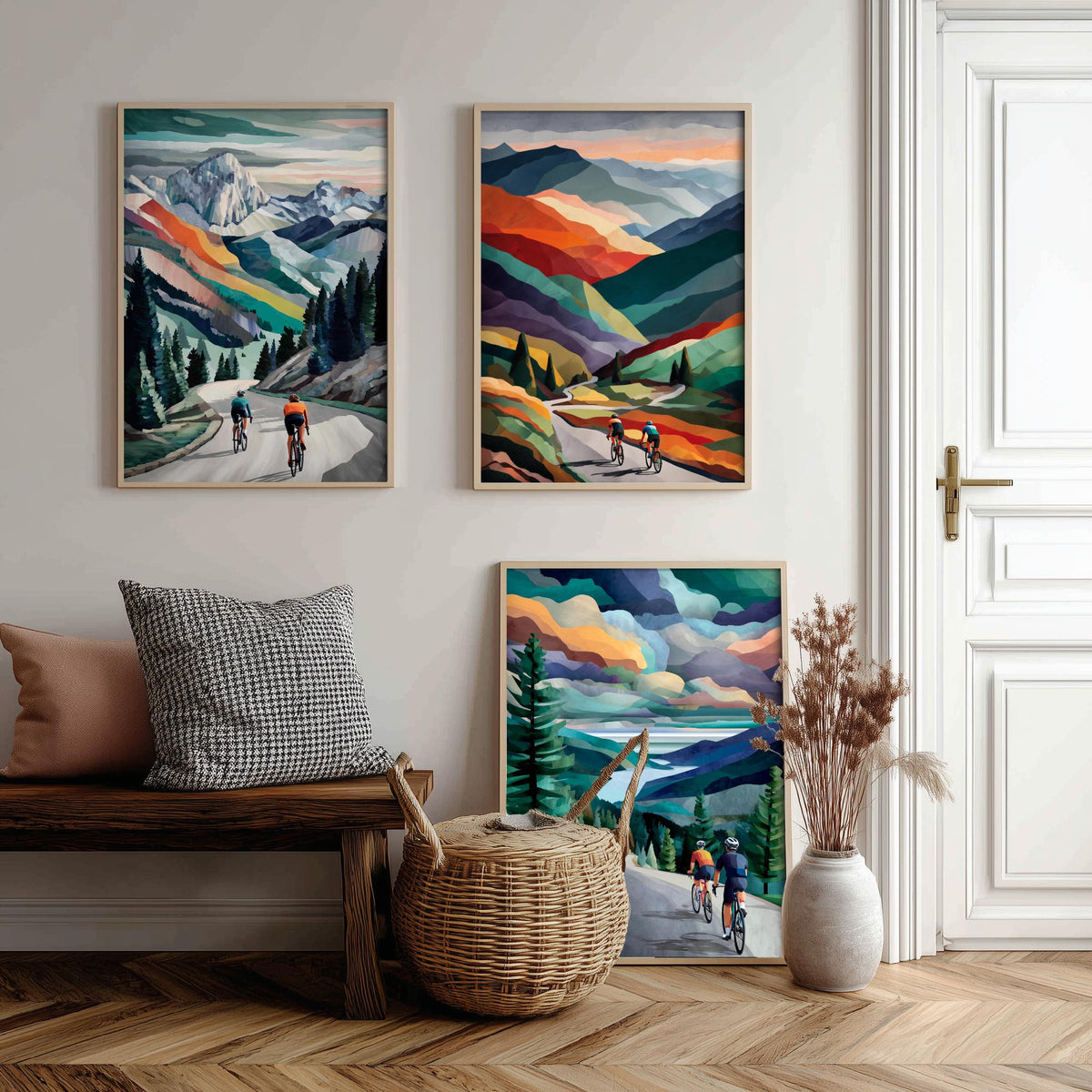 Cycling Set of Three Art Prints - 3 Mountain Road Cyclist Posters - Collage Landscape Wall Art Gift Cycling Painting V1