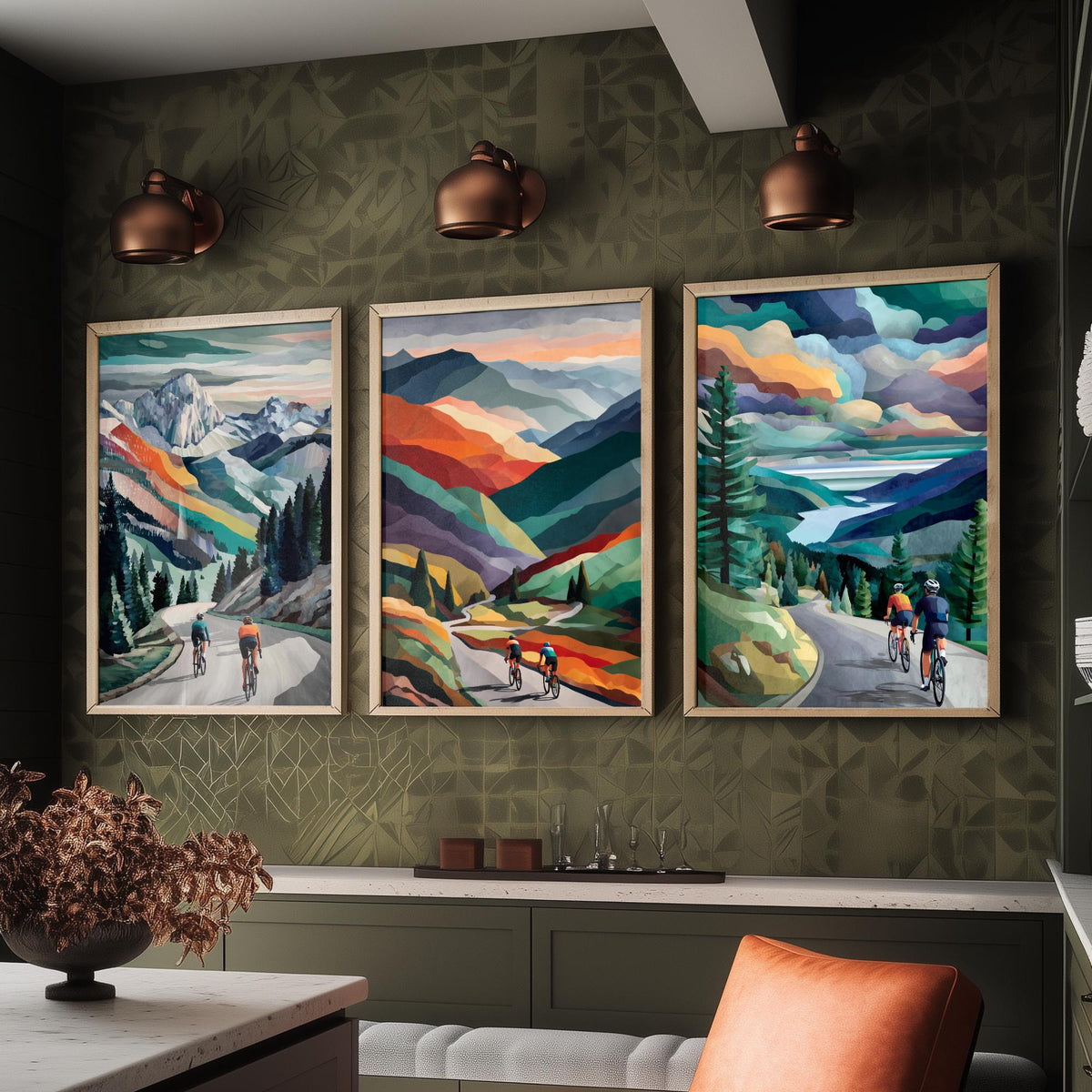 Cycling Set of Three Art Prints - 3 Mountain Road Cyclist Posters - Collage Landscape Wall Art Gift Cycling Painting V1