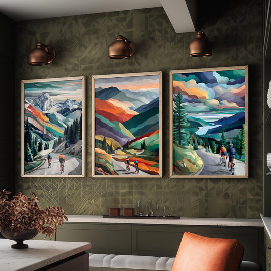 Cycling Set of Three Art Prints - 3 Mountain Road Cyclist Posters - Collage Landscape Wall Art Gift Cycling Painting V1