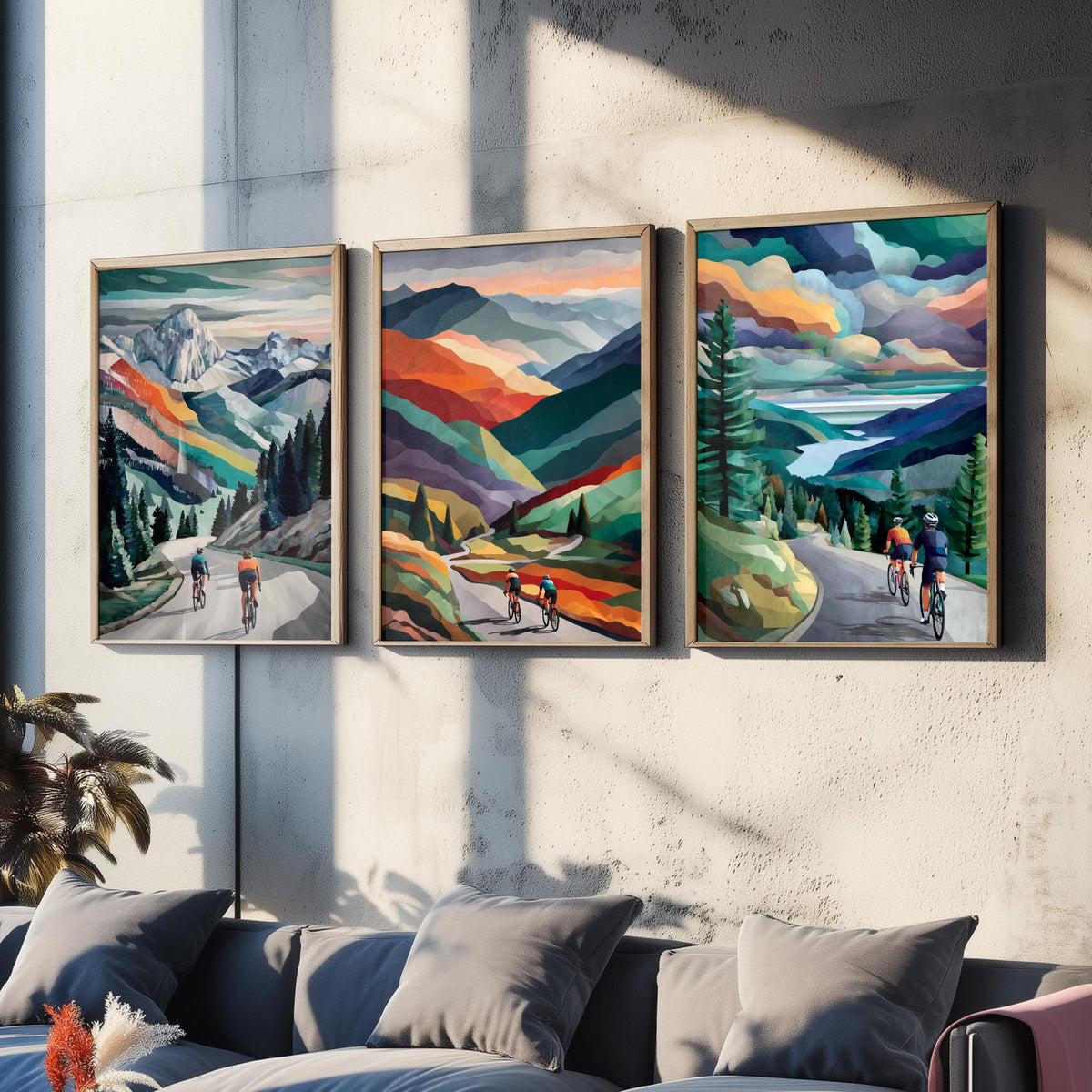 Cycling Set of Three Art Prints - 3 Mountain Road Cyclist Posters - Collage Landscape Wall Art Gift Cycling Painting V1
