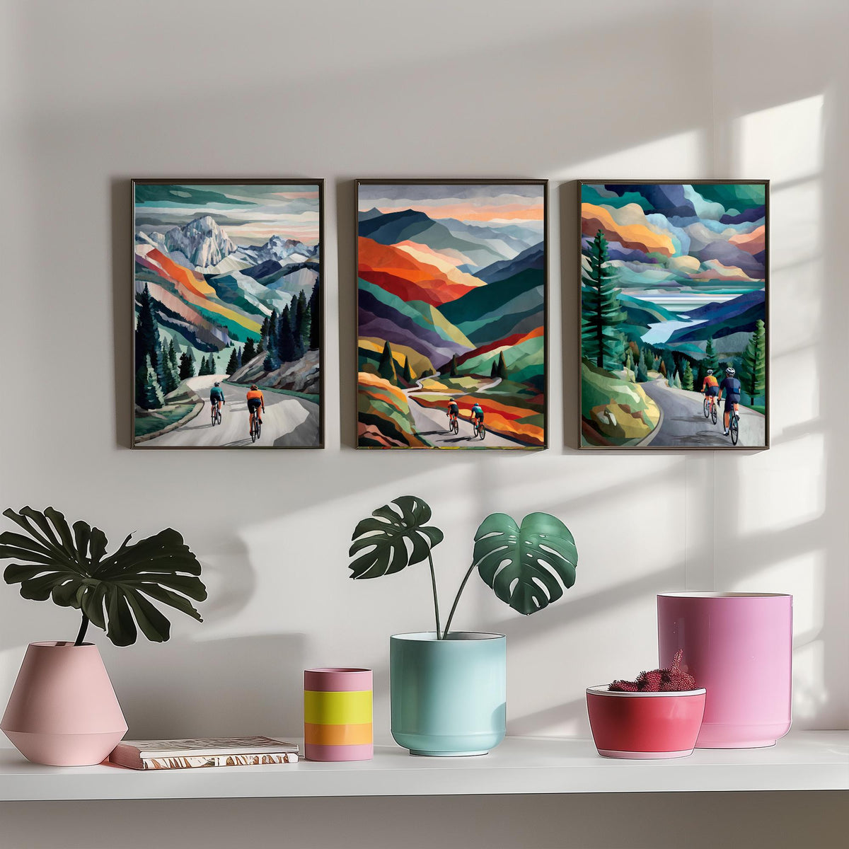 Cycling Set of Three Art Prints - 3 Mountain Road Cyclist Posters - Collage Landscape Wall Art Gift Cycling Painting V1