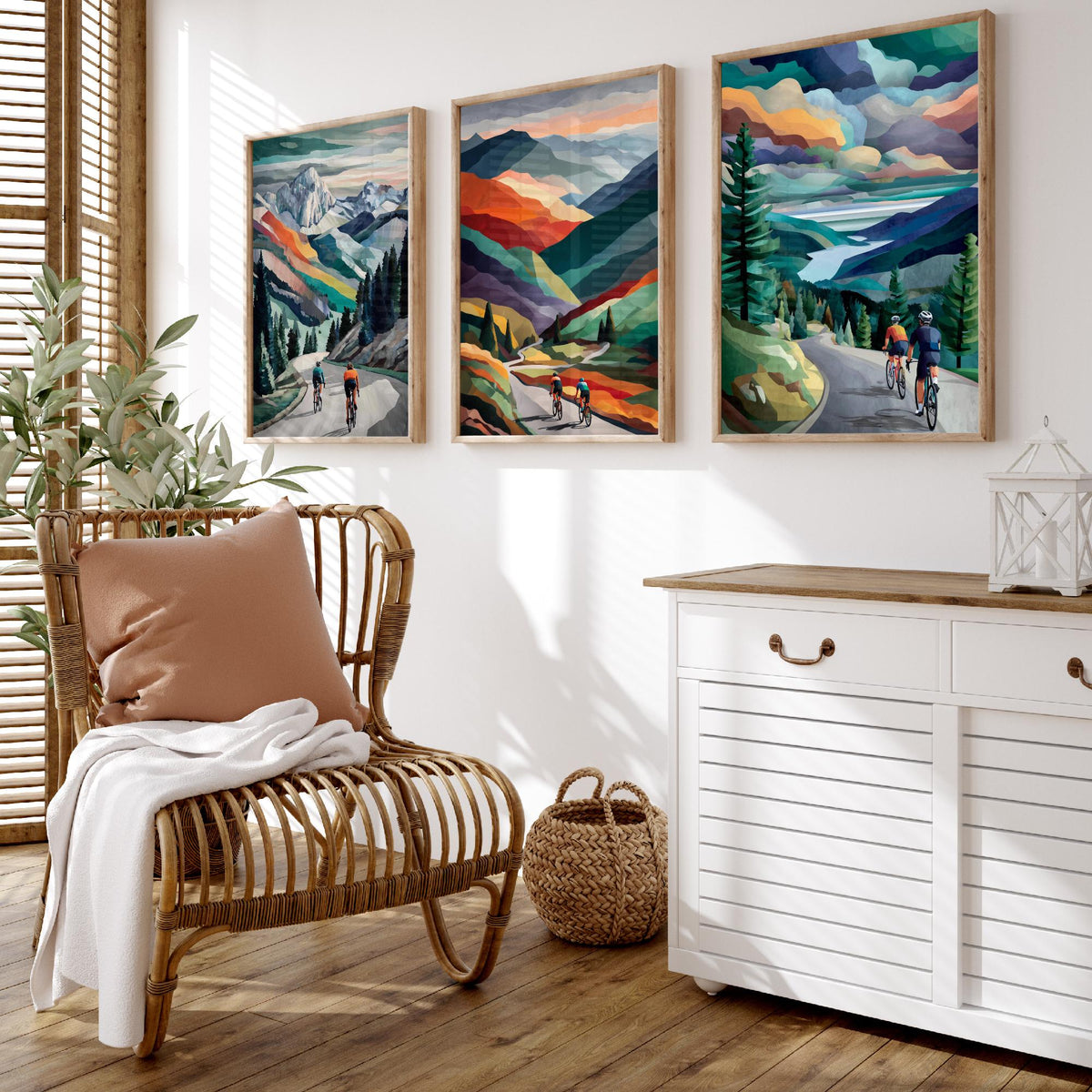 Cycling Set of Three Art Prints - 3 Mountain Road Cyclist Posters - Collage Landscape Wall Art Gift Cycling Painting V1