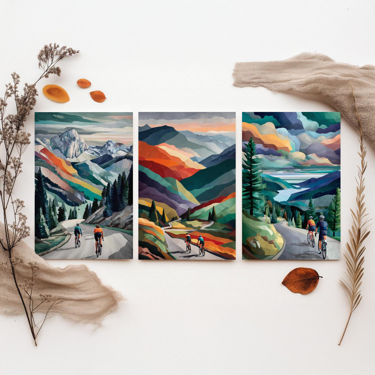 Cycling Set of Three Art Prints - 3 Mountain Road Cyclist Posters - Collage Landscape Wall Art Gift Cycling Painting V1