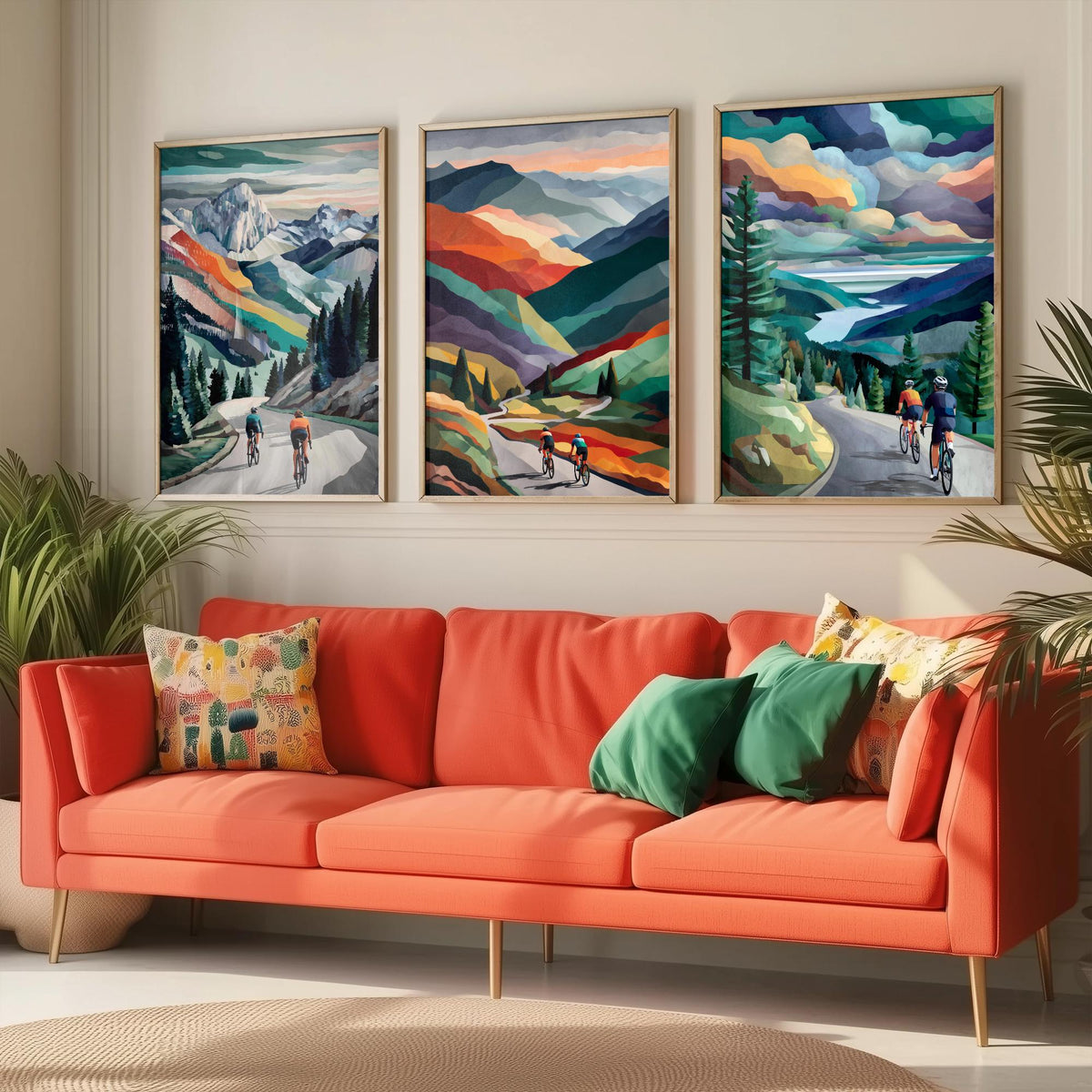 Cycling Set of Three Art Prints - 3 Mountain Road Cyclist Posters - Collage Landscape Wall Art Gift Cycling Painting V1