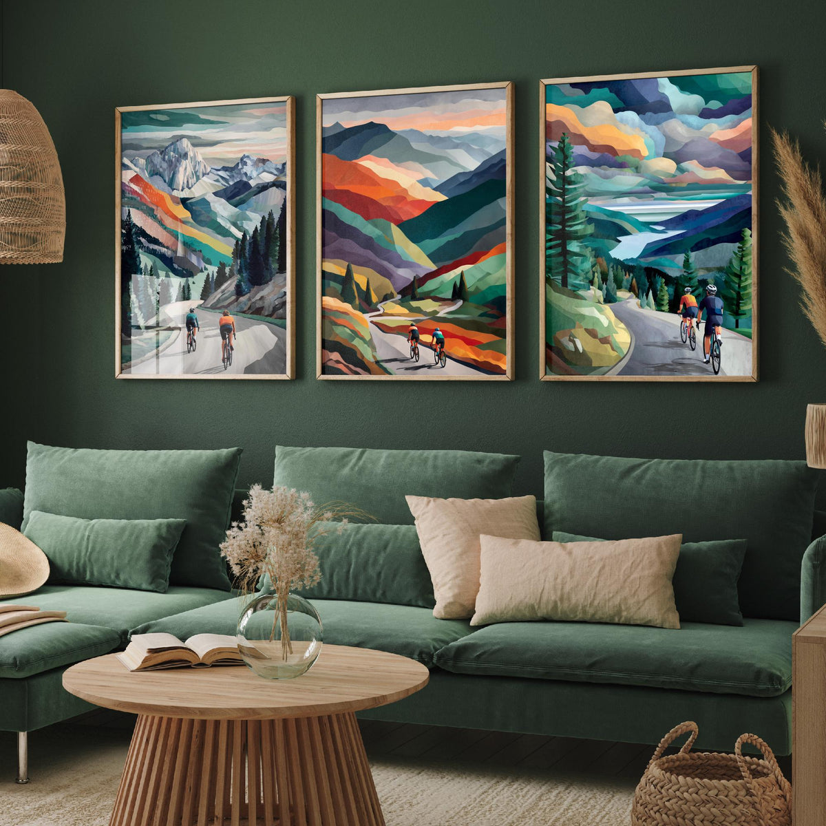 Cycling Set of Three Art Prints - 3 Mountain Road Cyclist Posters - Collage Landscape Wall Art Gift Cycling Painting V1