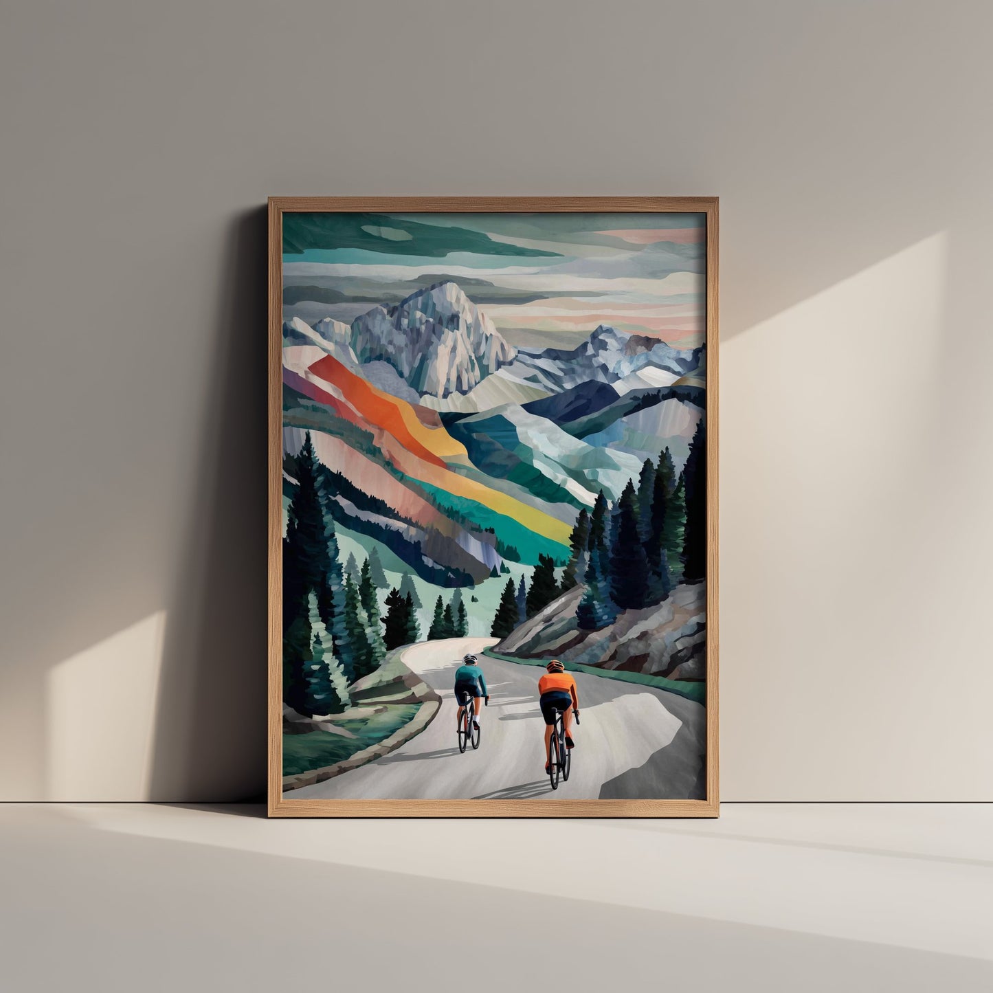 Cycling Collage Art Print - Alpine Mountain Cycling Poster - Colourful Landscape Painting - Road Cyclists 1/3