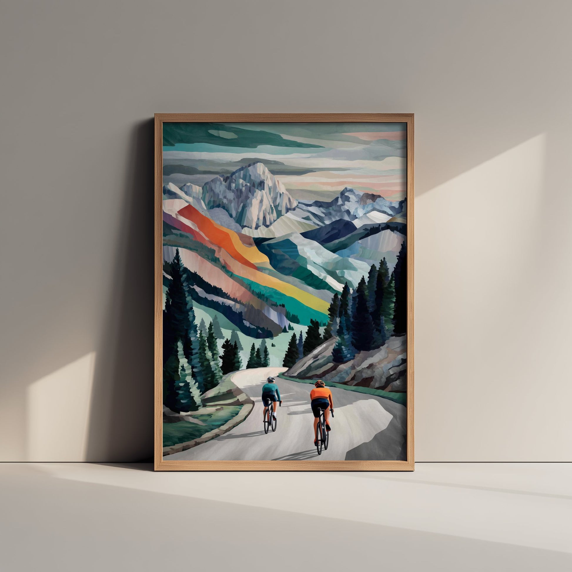Cycling Collage Art Print - Alpine Mountain Cycling Poster - Colourful Landscape Painting - Road Cyclists 1/3