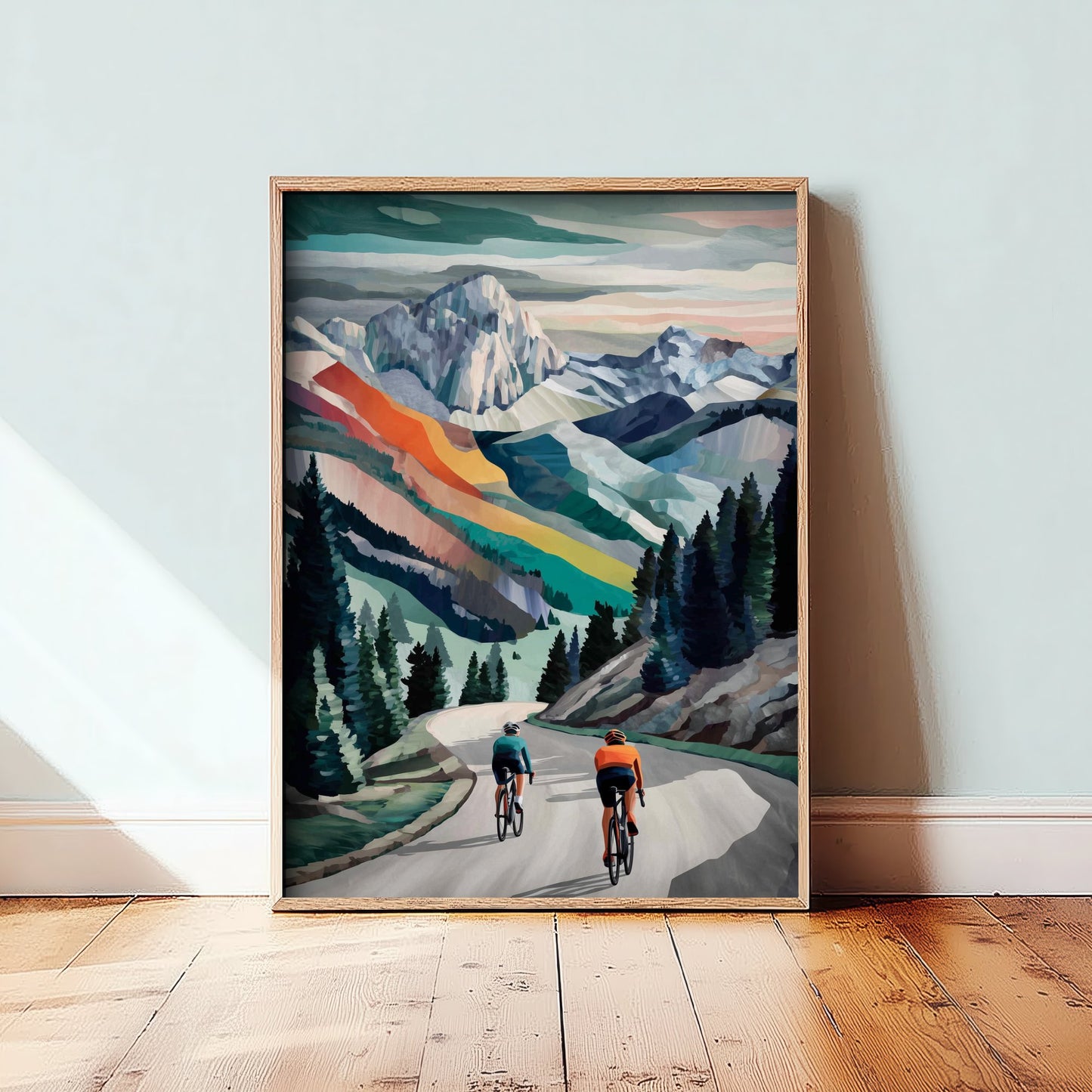 Cycling Collage Art Print - Alpine Mountain Cycling Poster - Colourful Landscape Painting - Road Cyclists 1/3
