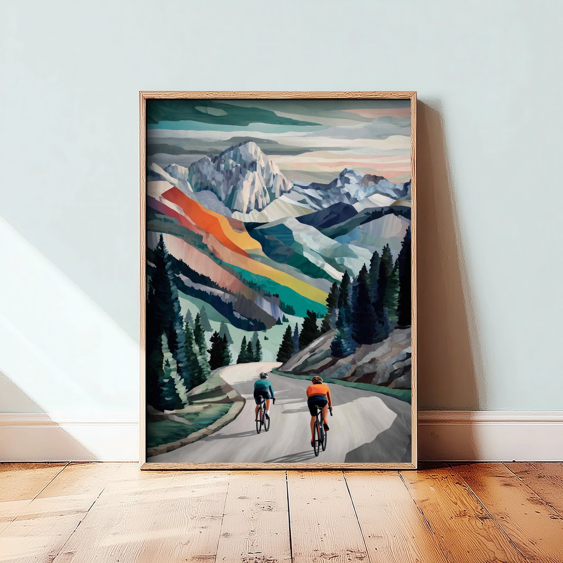 Cycling Collage Art Print - Alpine Mountain Cycling Poster - Colourful Landscape Painting - Road Cyclists 1/3