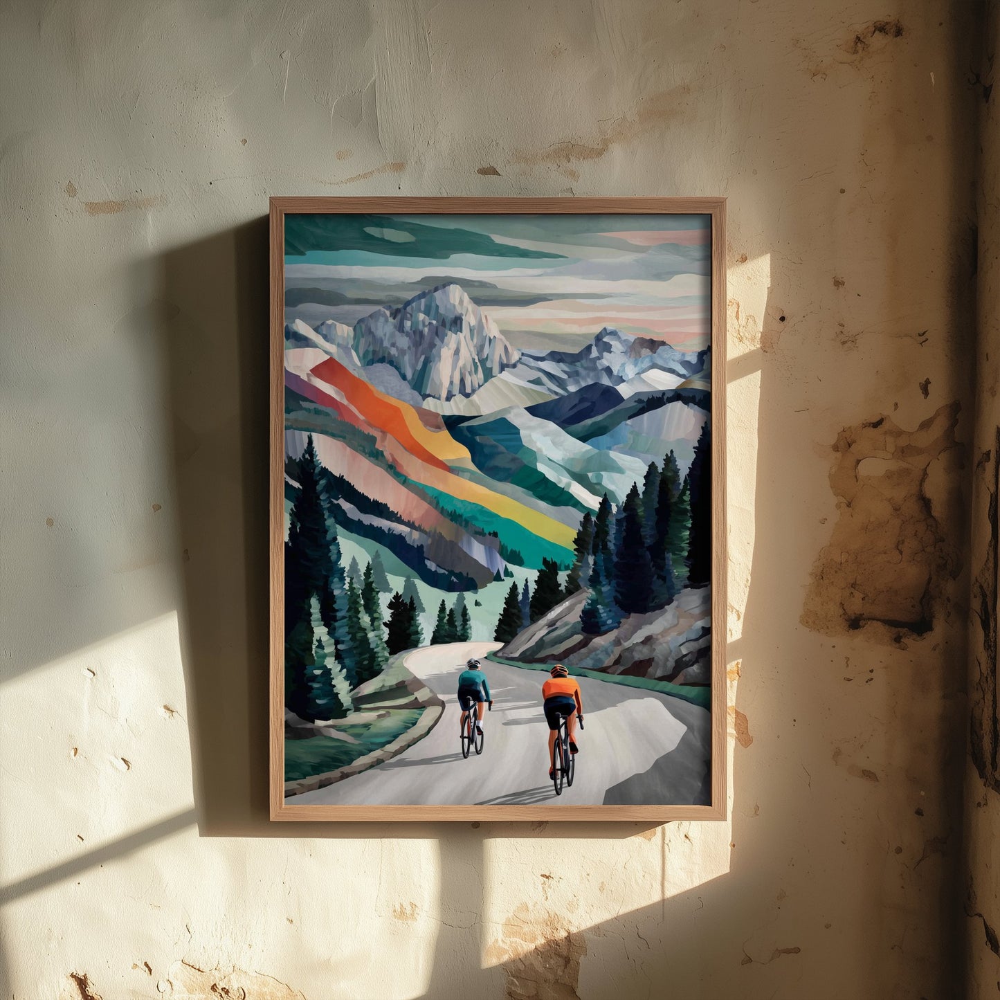 Cycling Collage Art Print - Alpine Mountain Cycling Poster - Colourful Landscape Painting - Road Cyclists 1/3
