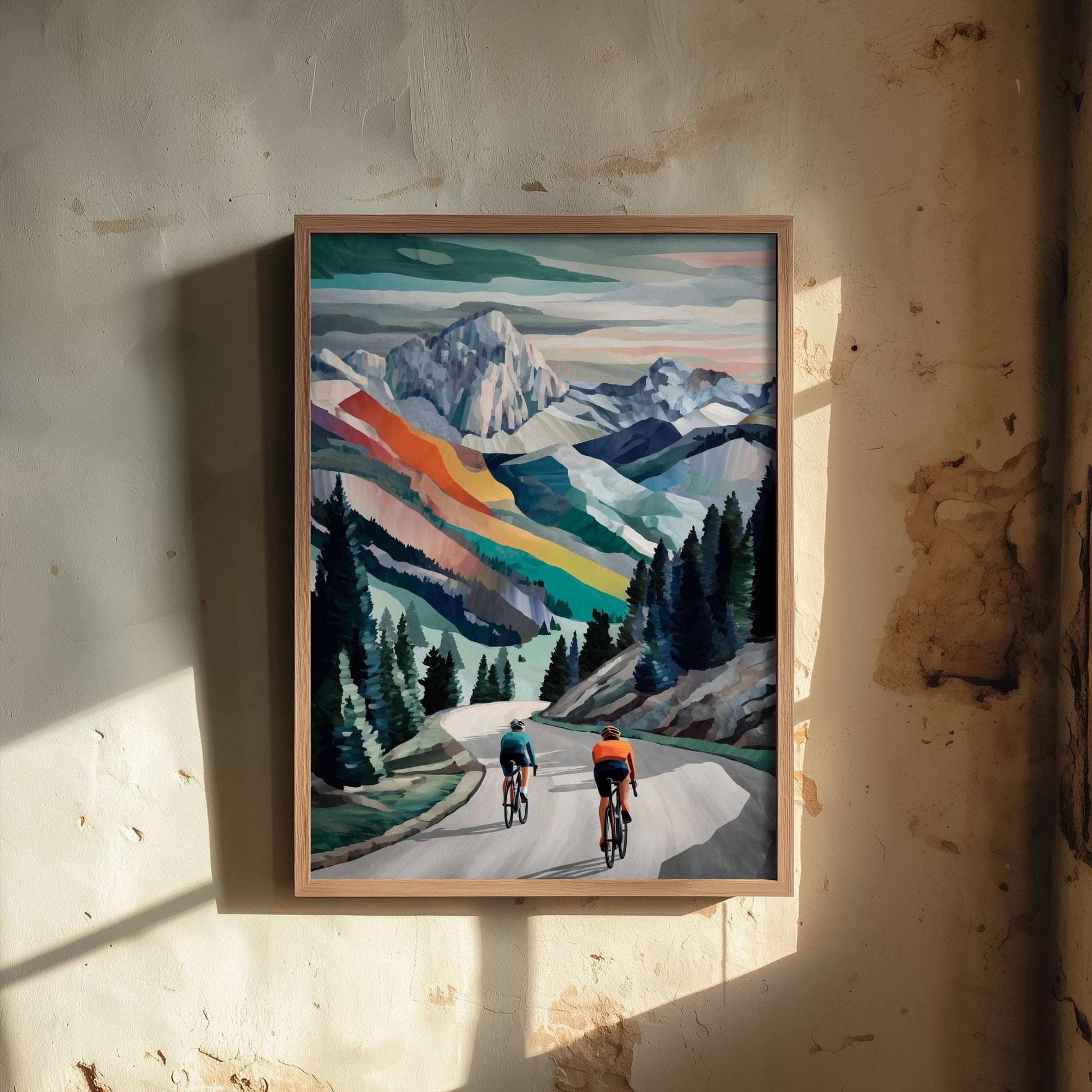 Cycling Collage Art Print - Alpine Mountain Cycling Poster - Colourful Landscape Painting - Road Cyclists 1/3