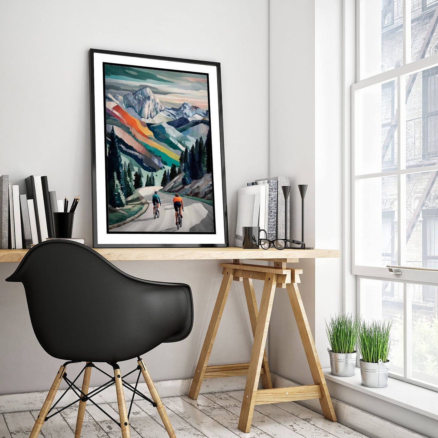 Cycling Collage Art Print - Alpine Mountain Cycling Poster - Colourful Landscape Painting - Road Cyclists 1/3