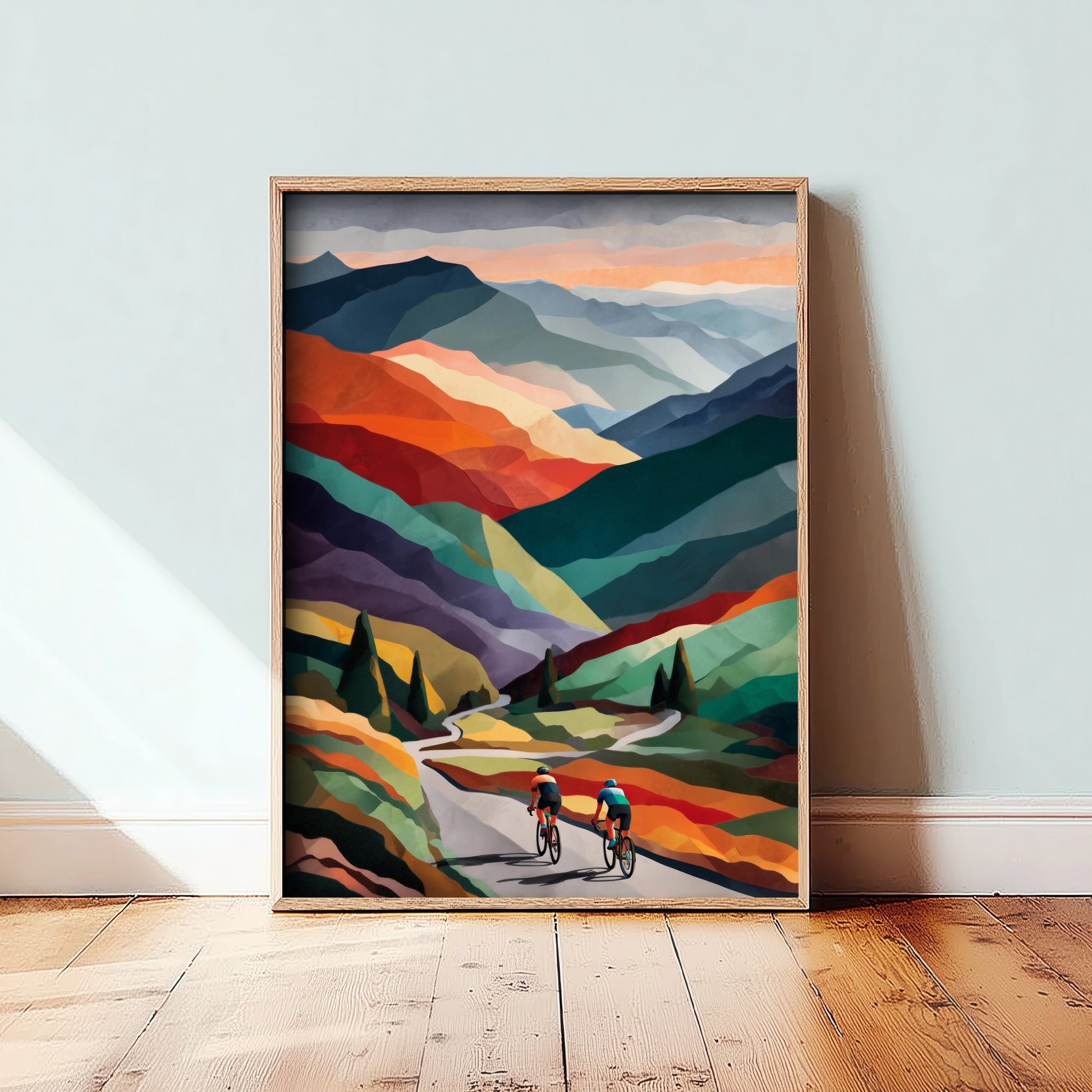 Cycling Collage Poster - Rolling Hills Cycling Art Print - Colourful Geometric Painting - Cyclists on Road 2/3