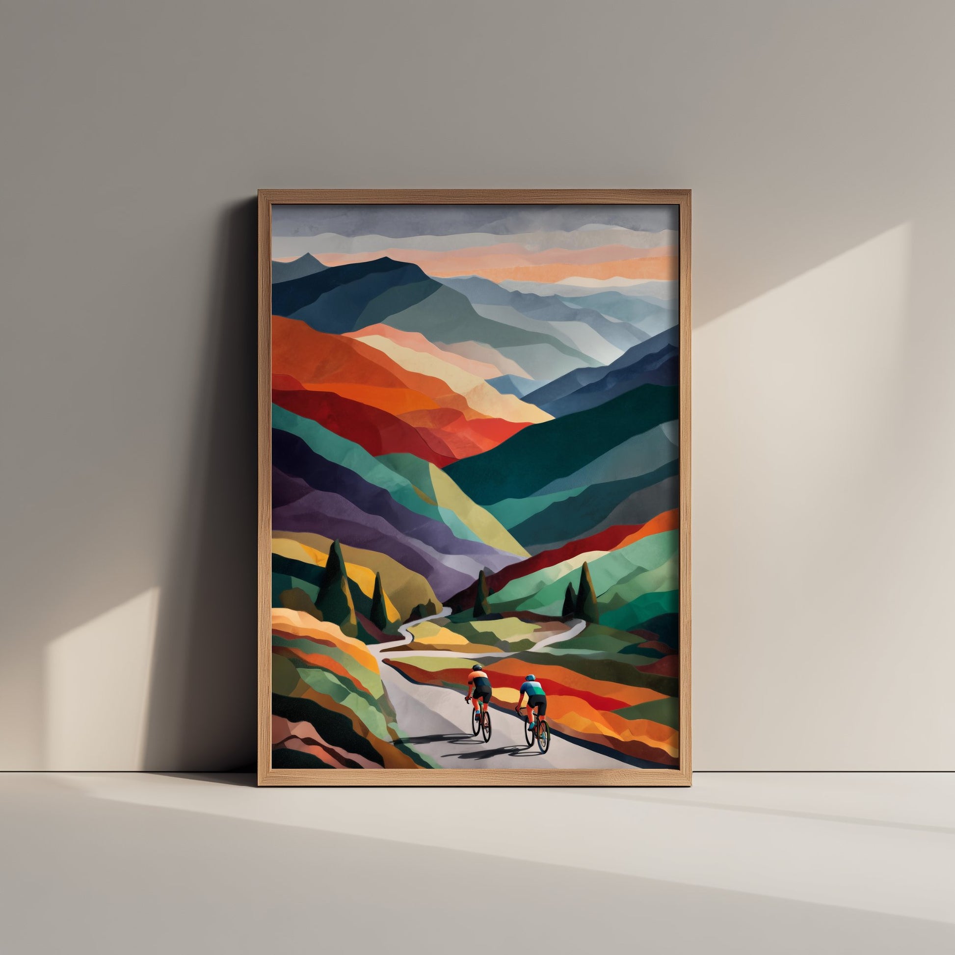 Cycling Collage Poster - Rolling Hills Cycling Art Print - Colourful Geometric Painting - Cyclists on Road 2/3