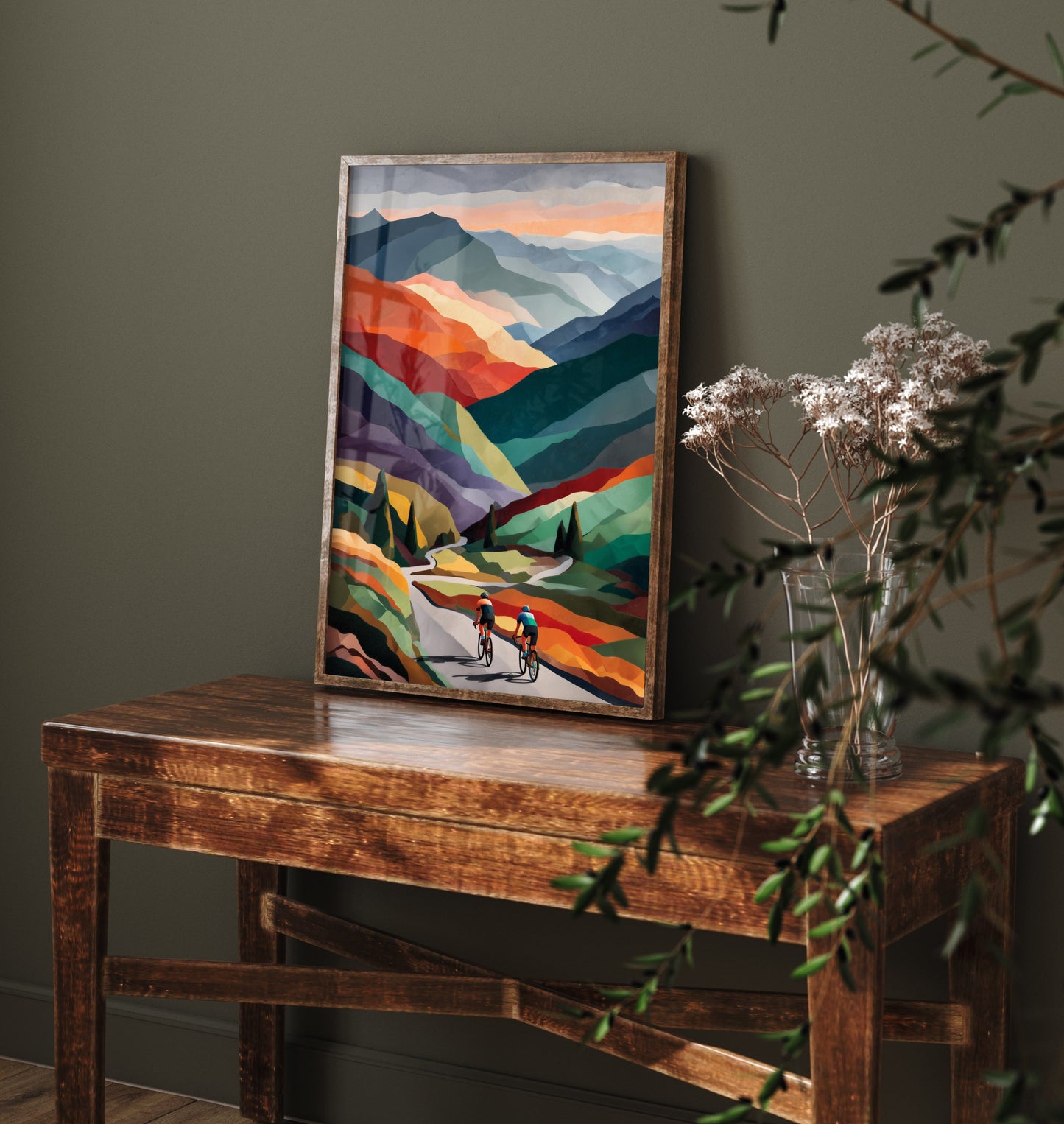 Cycling Collage Poster - Rolling Hills Cycling Art Print - Colourful Geometric Painting - Cyclists on Road 2/3