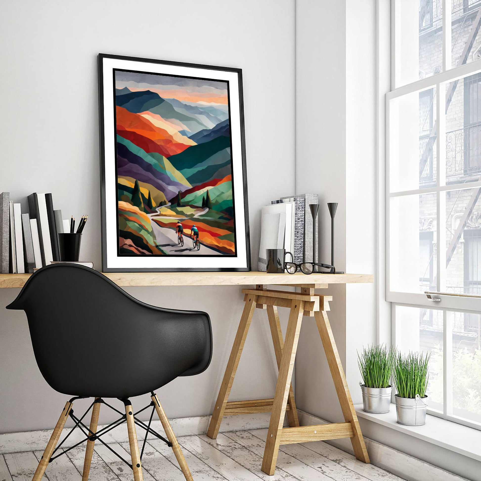 Cycling Collage Poster - Rolling Hills Cycling Art Print - Colourful Geometric Painting - Cyclists on Road 2/3