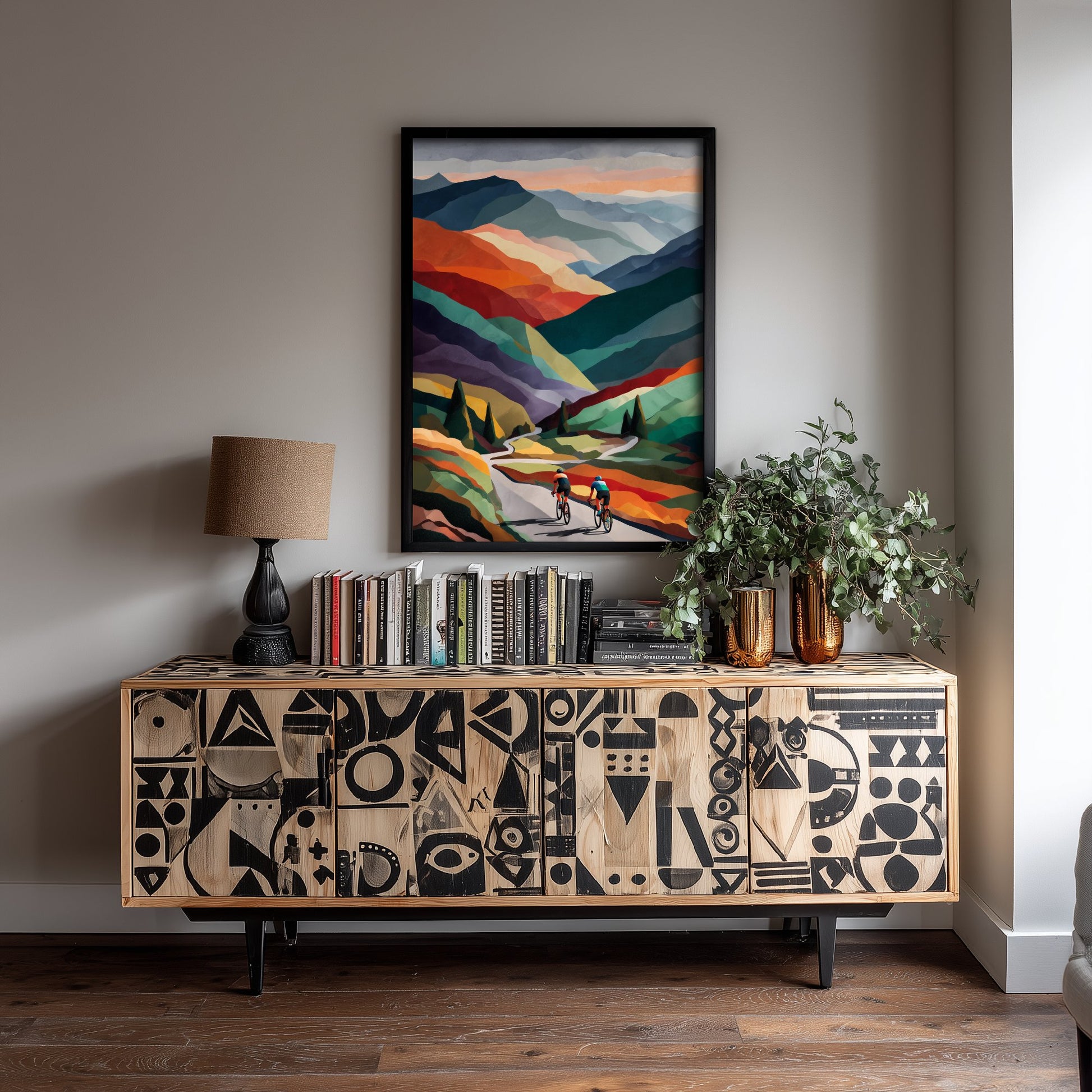Cycling Collage Poster - Rolling Hills Cycling Art Print - Colourful Geometric Painting - Cyclists on Road 2/3