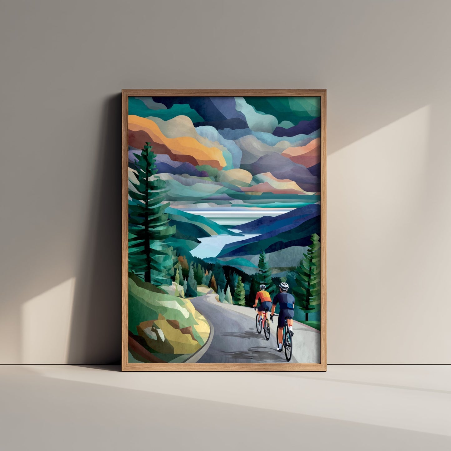 Cycling Collage Art Print - Mountain Lake Cycling Poster - Colourful Landscape Painting - Cyclists View 3/3