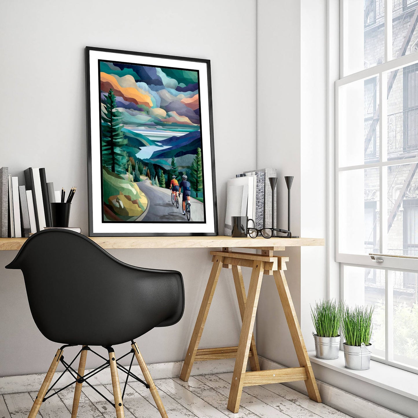 Cycling Collage Art Print - Mountain Lake Cycling Poster - Colourful Landscape Painting - Cyclists View 3/3