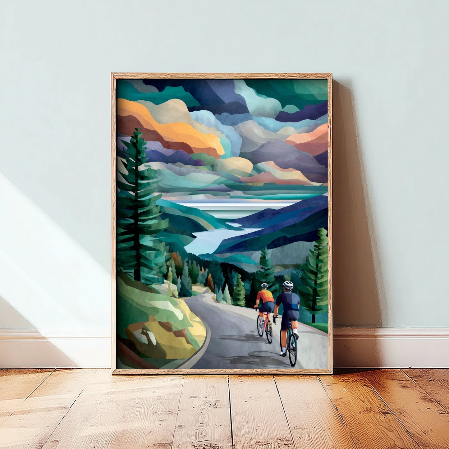 Cycling Collage Art Print - Mountain Lake Cycling Poster - Colourful Landscape Painting - Cyclists View 3/3