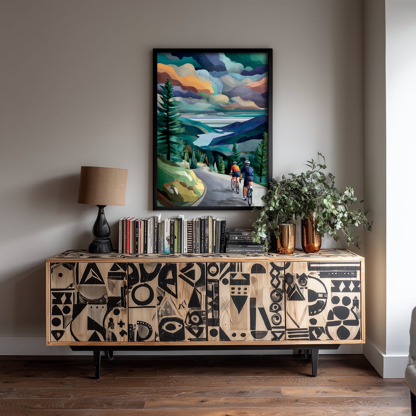 Cycling Collage Art Print - Mountain Lake Cycling Poster - Colourful Landscape Painting - Cyclists View 3/3