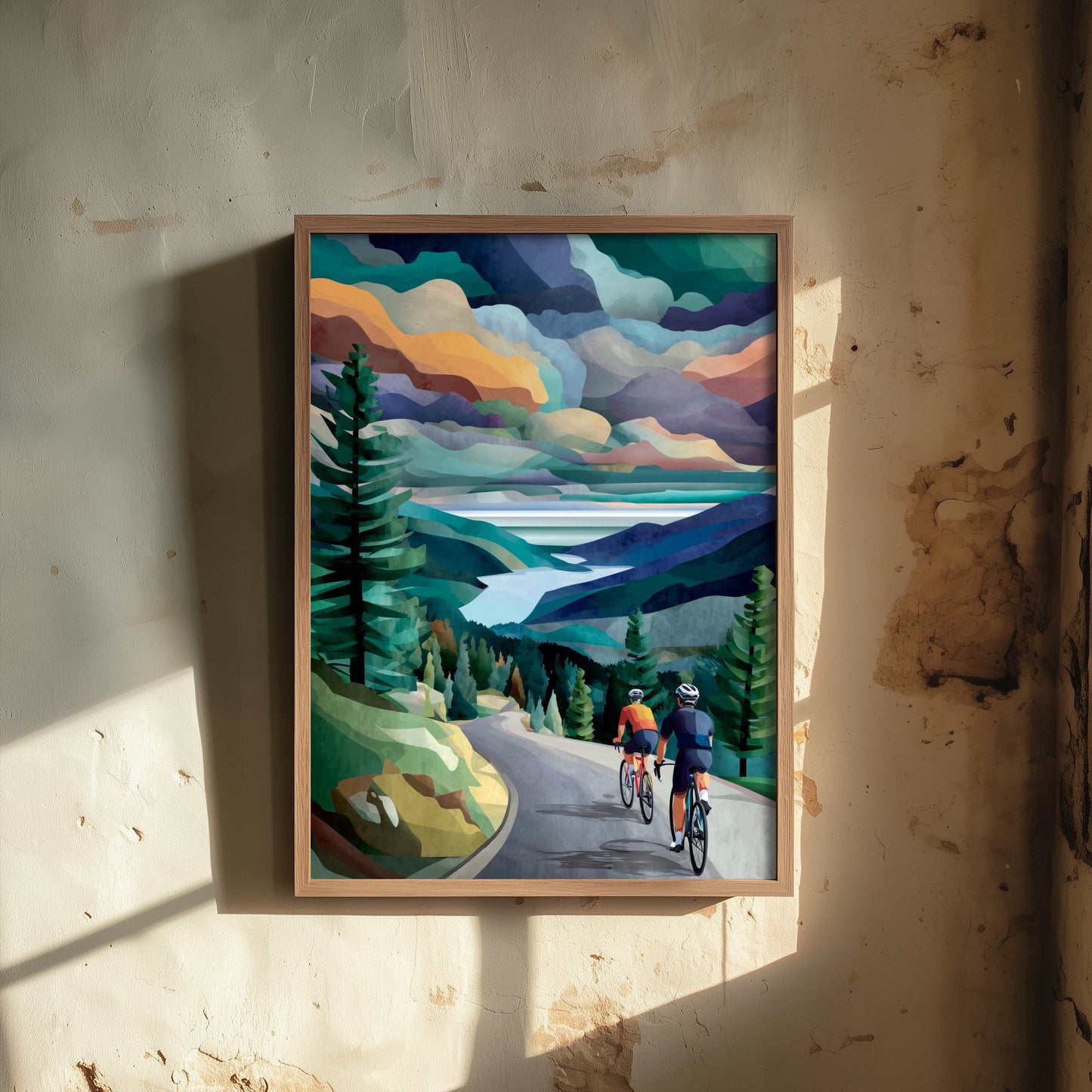 Cycling Collage Art Print - Mountain Lake Cycling Poster - Colourful Landscape Painting - Cyclists View 3/3
