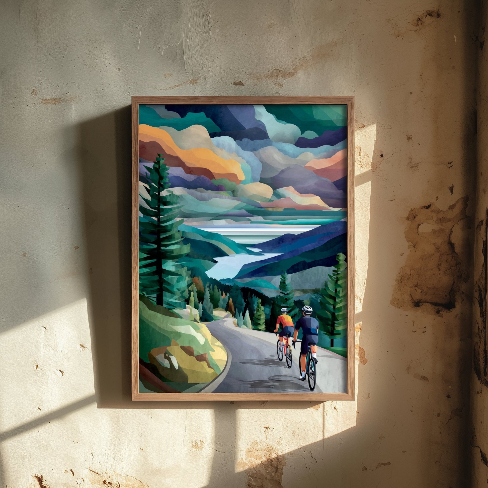 Cycling Collage Art Print - Mountain Lake Cycling Poster - Colourful Landscape Painting - Cyclists View 3/3