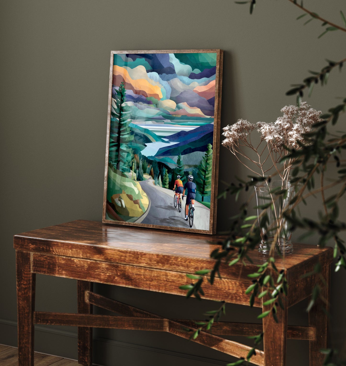 Cycling Collage Art Print - Mountain Lake Cycling Poster - Colourful Landscape Painting - Cyclists View 3/3