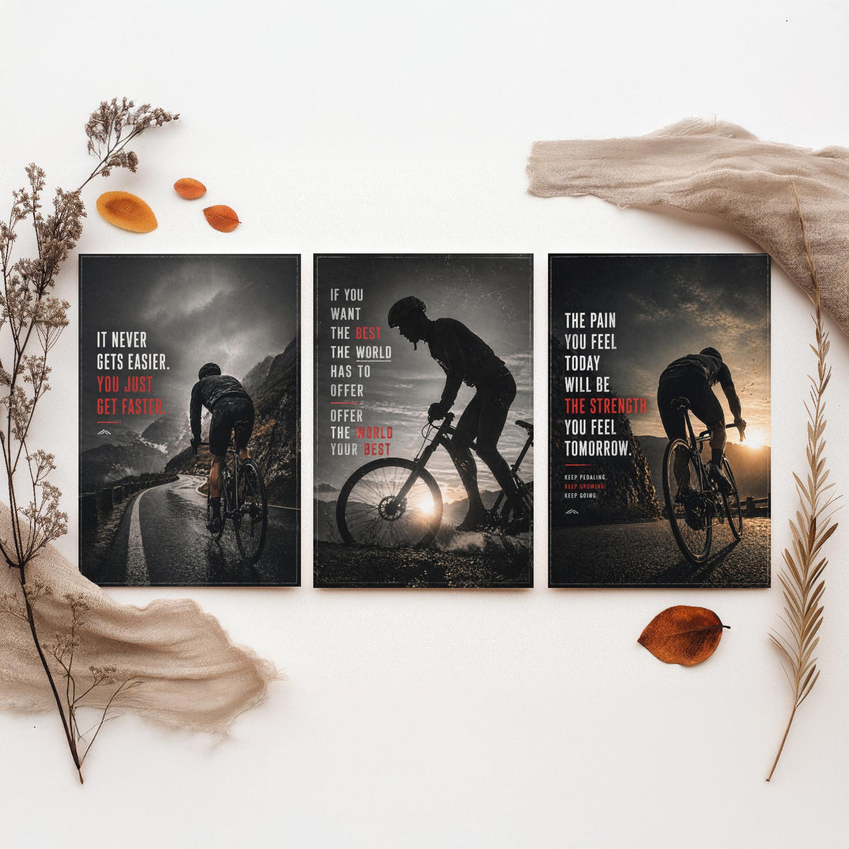 Cycling Motivation Set of Three Prints - 3 Inspirational Quote Posters - Road Cyclist Photo Wall Art Gift Gym Motivational