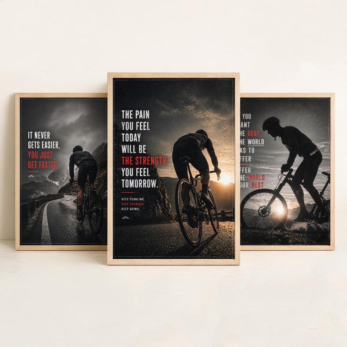 Cycling Motivation Set of Three Prints - 3 Inspirational Quote Posters - Road Cyclist Photo Wall Art Gift Gym Motivational