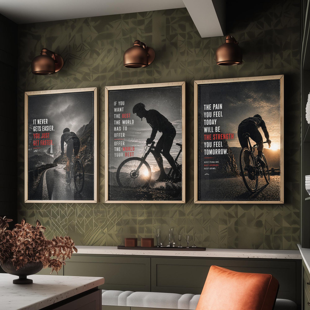 Cycling Motivation Set of Three Prints - 3 Inspirational Quote Posters - Road Cyclist Photo Wall Art Gift Gym Motivational