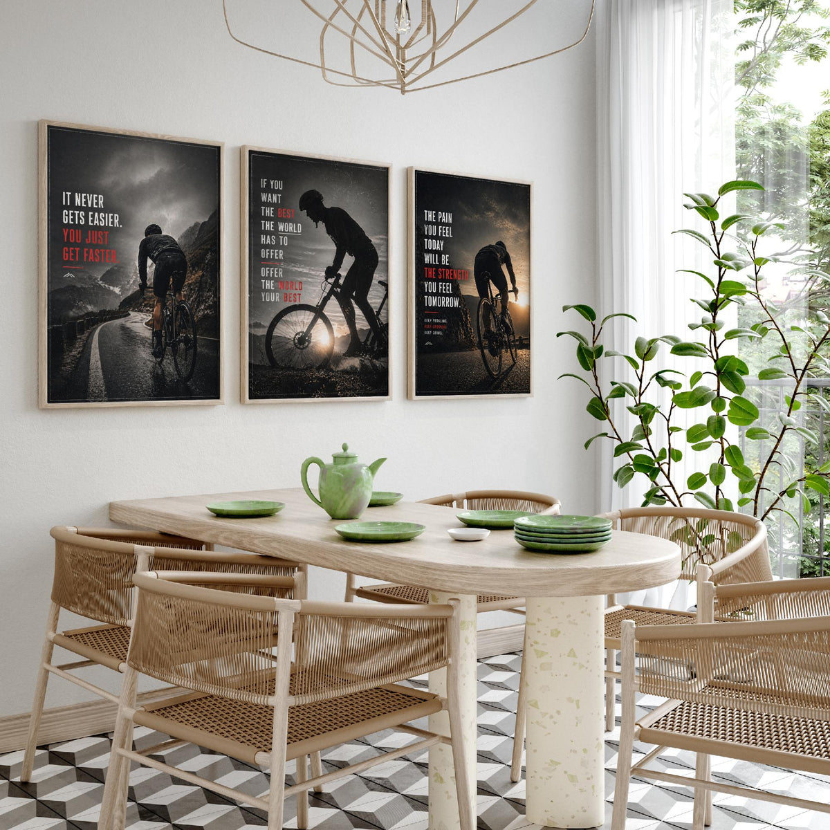 Cycling Motivation Set of Three Prints - 3 Inspirational Quote Posters - Road Cyclist Photo Wall Art Gift Gym Motivational
