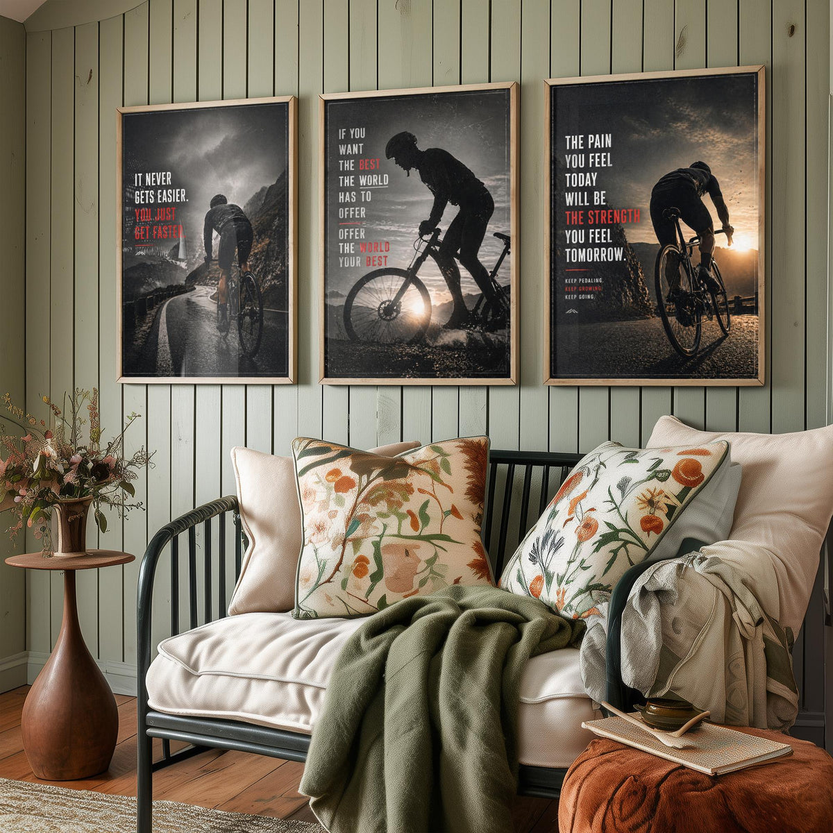 Cycling Motivation Set of Three Prints - 3 Inspirational Quote Posters - Road Cyclist Photo Wall Art Gift Gym Motivational