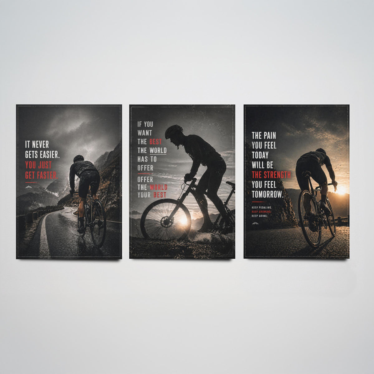 Cycling Motivation Set of Three Prints - 3 Inspirational Quote Posters - Road Cyclist Photo Wall Art Gift Gym Motivational