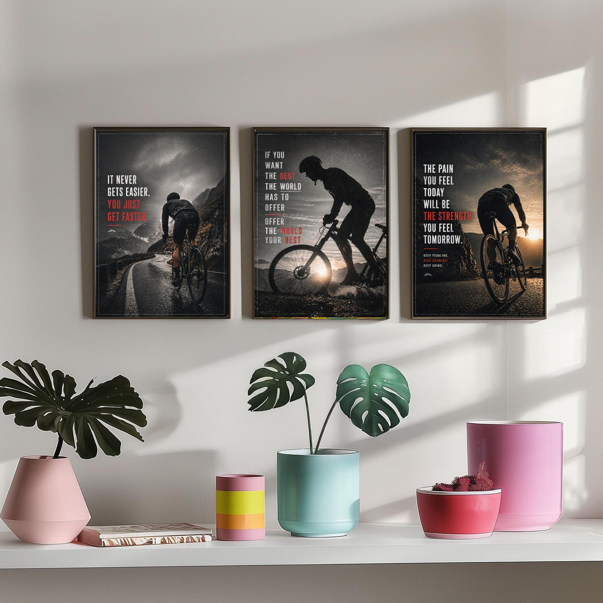 Cycling Motivation Set of Three Prints - 3 Inspirational Quote Posters - Road Cyclist Photo Wall Art Gift Gym Motivational